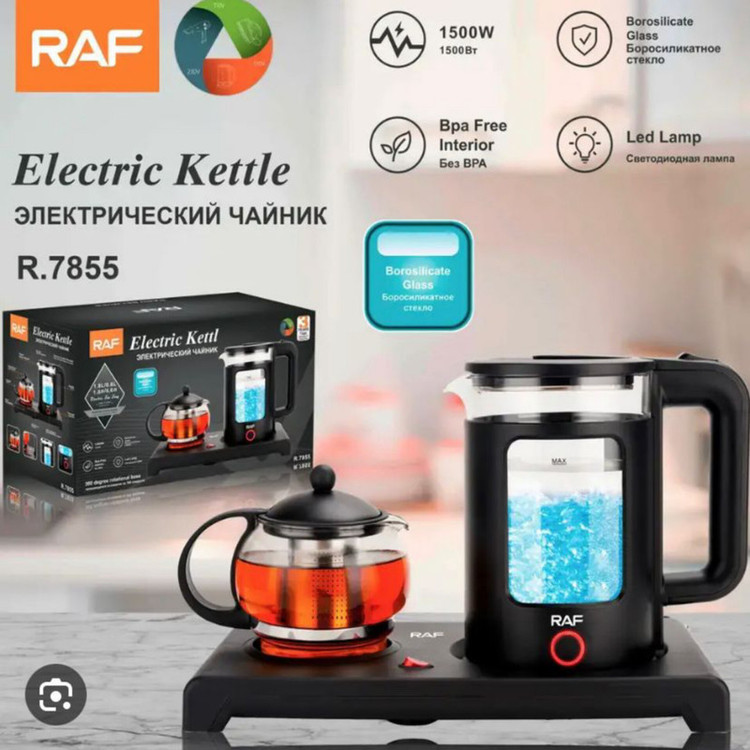 چای ساز ۱.۸ لیتری برند RAF مدل R7855 – کتری و قوری پیرکس با صفحه گرم نگهدارنده